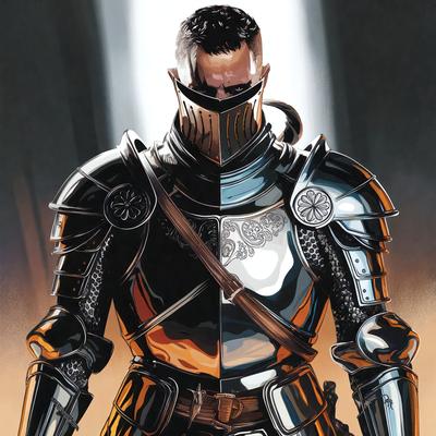 The primary subject of the image is a man wearing a suit of armor. The setting is a dark room, and the visual style is a comic book illustration. The man is the main focus of the image, and the colors and mood are dark and dramatic.